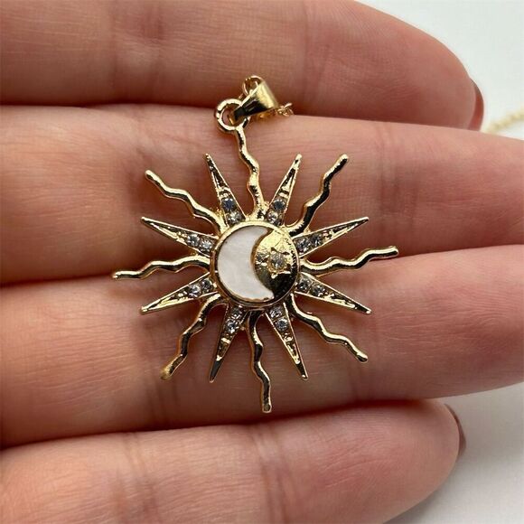 Gold Tone Sun and Moon Celestial Pendant Necklace 18" Adjustable - Picture 6 of 9